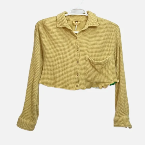 Free People Scout Cropped Jacket Top Buttondown Cotton Oversized Small Mustard - Picture 1 of 14